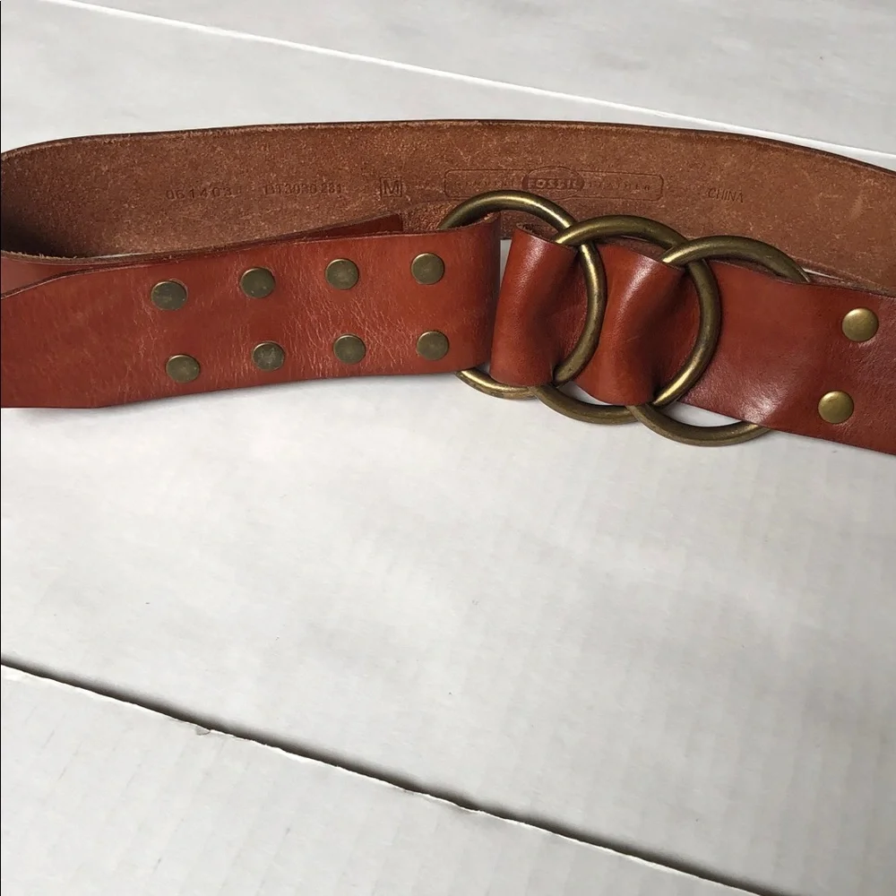 Fossil Wide Brown Leather Belt Brass Rings and Snaps 36-37